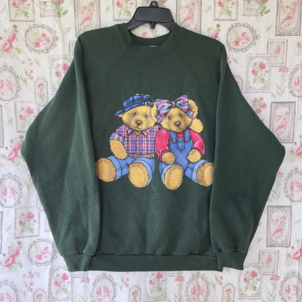 Vtg 90s Tultex Teddy Bear Crewneck Sweatshirt XL Green USA Made Graphic Fleece